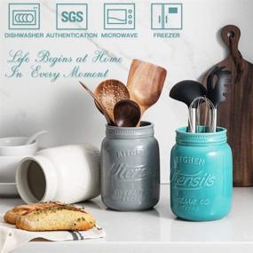 img 3 attached to 🍴 SWEJAR Embossed Style Kitchen Utensil Holder - Turquoise Porcelain Crock for Spatula Storage on Countertop, Farmhouse Kitchen Decor, 6.3 inches