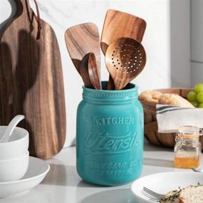 img 2 attached to 🍴 SWEJAR Embossed Style Kitchen Utensil Holder - Turquoise Porcelain Crock for Spatula Storage on Countertop, Farmhouse Kitchen Decor, 6.3 inches