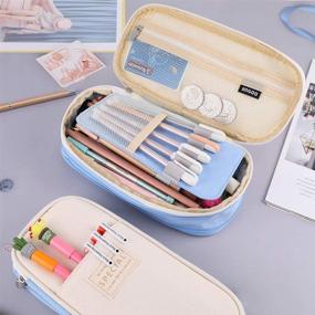 img 3 attached to 👝 Large Capacity Canvas Pencil Pouch Organizer Zipper Case - iSuperb Foldable Pen Bag with Compartments for Stationery, Cosmetic, and Makeup - Ideal for Women