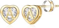 💖 14k gold plated heart initial stud earrings: hypoallergenic cz heart 925 sterling silver earrings for girls, women & teens logo