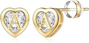 img 4 attached to 💖 14K Gold Plated Heart Initial Stud Earrings: Hypoallergenic CZ Heart 925 Sterling Silver Earrings for Girls, Women & Teens