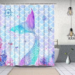 img 2 attached to 🧜 4 Piece Mermaid Shower Curtain Set with Non-Slip Rugs, Toilet Lid Cover, and Bath Mat - Colorful Coral Starfish Shower Curtains with 12 Hooks, Ocean Fabric Shower Curtains for Bathroom