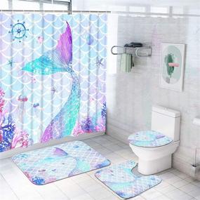 img 3 attached to 🧜 4 Piece Mermaid Shower Curtain Set with Non-Slip Rugs, Toilet Lid Cover, and Bath Mat - Colorful Coral Starfish Shower Curtains with 12 Hooks, Ocean Fabric Shower Curtains for Bathroom