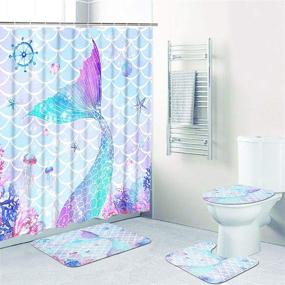 img 4 attached to 🧜 4 Piece Mermaid Shower Curtain Set with Non-Slip Rugs, Toilet Lid Cover, and Bath Mat - Colorful Coral Starfish Shower Curtains with 12 Hooks, Ocean Fabric Shower Curtains for Bathroom