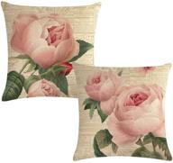 7colorroom romantic peach pink rose floral pillow covers - set of 2 | vintage shabby chic cushion covers for sofa, bedroom, car - 18x18 inch square cotton linen pillowcases (pink rose) логотип