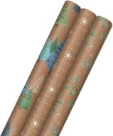 🎁 sustainable kraft gift wrap - hallmark holiday collection (3 rolls, 90 sq. ft. total) wintry nature theme: white snowflakes, blue and green foliage, christmas trees with cut lines on reverse logo