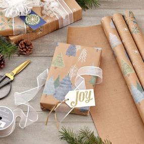 img 3 attached to 🎁 Sustainable Kraft Gift Wrap - Hallmark Holiday Collection (3 Rolls, 90 sq. ft. total) Wintry Nature Theme: White Snowflakes, Blue and Green Foliage, Christmas Trees with Cut Lines on Reverse
