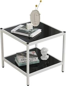 img 3 attached to 🦅 Joe Eagle Nikki Contemporary 2-Tier Glass End Table Nightstand - Metal & Tempered Glass, Square Design - Ideal for Living Room, Bedroom, and Balcony Decor - 20&#34; - Black and White