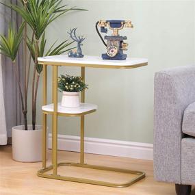 img 1 attached to 🪑 Small Side Table: White Marble Gold End Table for Small Spaces - C Shaped Tall Narrow Couch Bedside Tables with Storage Shelves - Slim Snack Accent Table for Laptop, Sofa, Couch Eating - Living Room Essential