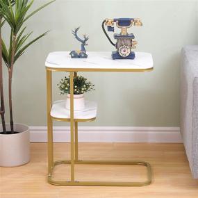 img 2 attached to 🪑 Small Side Table: White Marble Gold End Table for Small Spaces - C Shaped Tall Narrow Couch Bedside Tables with Storage Shelves - Slim Snack Accent Table for Laptop, Sofa, Couch Eating - Living Room Essential