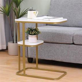 img 3 attached to 🪑 Small Side Table: White Marble Gold End Table for Small Spaces - C Shaped Tall Narrow Couch Bedside Tables with Storage Shelves - Slim Snack Accent Table for Laptop, Sofa, Couch Eating - Living Room Essential