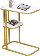 🪑 small side table: white marble gold end table for small spaces - c shaped tall narrow couch bedside tables with storage shelves - slim snack accent table for laptop, sofa, couch eating - living room essential логотип