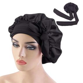 img 4 attached to Black Wide Band Satin Bonnet Cap for Women - Silky Bonnet for Curly Hair and Sleeping