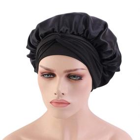 img 2 attached to Black Wide Band Satin Bonnet Cap for Women - Silky Bonnet for Curly Hair and Sleeping