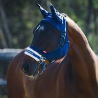 high-quality horze cayman fitted mesh fly mask: uv protection, stretchy polyester ear covers, soft fleece lining & secure hook-and-loop closure logo