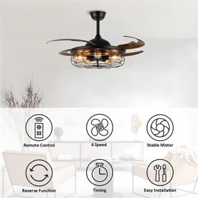 img 2 attached to 🏺 SILJOY Industrial Ceiling Fan with Retractable Blades & Vintage Cage, 48 Inch, Black - Perfect for Dining, Living & Bedroom Spaces!