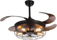 🏺 siljoy industrial ceiling fan with retractable blades & vintage cage, 48 inch, black - perfect for dining, living & bedroom spaces! логотип