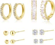 6 sets of 14k gold plated earrings for multiple piercings - small hoop cz ball studs and lightweight hypoallergenic studs & hoops set for women and girls logo