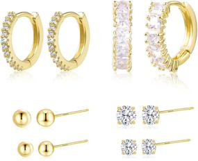 img 4 attached to 6 Sets of 14K Gold Plated Earrings for Multiple Piercings - Small Hoop CZ Ball Studs and Lightweight Hypoallergenic Studs & Hoops Set for Women and Girls