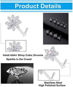 img 2 attached to 🌸 Tornito 9Pcs Nose Rings Stud with L Bone Screw - Flower CZ, Snowflake, Butterfly Nose Stud - Body Piercing Jewelry for Women & Men - 20G Silver, Gold, Rose Gold Tone