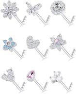 🌸 tornito 9pcs nose rings stud with l bone screw - flower cz, snowflake, butterfly nose stud - body piercing jewelry for women & men - 20g silver, gold, rose gold tone logo