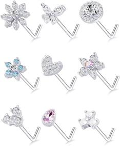 img 4 attached to 🌸 Tornito 9Pcs Nose Rings Stud with L Bone Screw - Flower CZ, Snowflake, Butterfly Nose Stud - Body Piercing Jewelry for Women & Men - 20G Silver, Gold, Rose Gold Tone