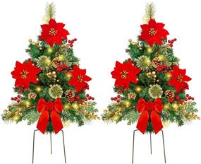 img 4 attached to 🎄 Deck Your Pathway with GUOOU Set of 2 30 Inch Pre-Lit Pathway Christmas Trees – Outdoor Decorations for Porch, Driveway, Yard, Garden, ft. 60 LED Lights, Poinsettia Flowers, Red Berries, Pine Cones & Red Bow