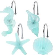 kawana shower curtain hooks: set of 12 glow in the dark starfish, seashell, conch, and seahorse decorative stainless steel hooks - blue ocean beach theme bathroom décor logo