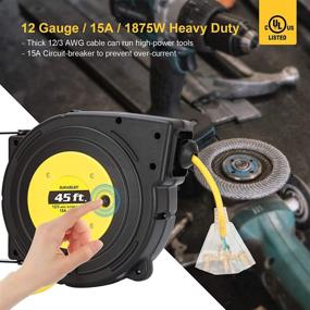 img 2 attached to Suraielec 45 FT Retractable Extension Cord: Heavy Duty 12 Gauge Reel with Circuit Breaker, Triple Tap, and Wall/Ceiling Mount - UL Listed