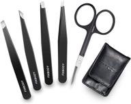 🔧 fixbody 5-piece stainless steel tweezers set with curved scissors - best precision tweezer for eyebrows, splinter & ingrown hair removal - includes leather travel case logo