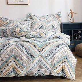 img 3 attached to 🛏️ Ethnic Explorer Bohemian Boho Duvet Cover Set - 100% Natural Cotton, King Size, Yellow White Blue Modern Aztec Print - Comfortable, Lightweight, Breathable - Zipper Ties Included (NO Comforter)