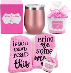 img 4 attached to 🌹 Rose Gold Wine Gift Set: Stainless Steel Tumbler, Cupcake Socks, Perfect Gift for Women and Wine Lovers