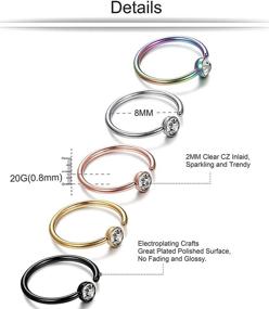 img 3 attached to ORAZIO Set of 5-12Pcs 20G Stainless Steel Nose Ring Hoop with CZ for Body and Ear Piercing, Available in 5 Assorted Colors