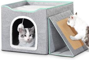 img 4 attached to 🐱 Indoor Cat Beds: Upgraded Foldable Cube Cave House with Sisal Scratcher and Fluffy Ball - Perfect for Kitty Play and Comfortable Rest