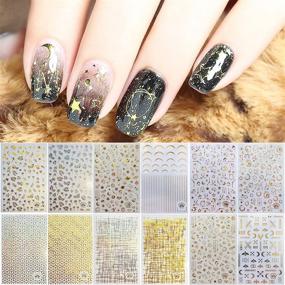 img 4 attached to TOROKOM 12 Sheets Metallic Nail Stickers for Women - 3D Star Moon Leaf Line Design Decals for Manicures - Self-Adhesive Fingernail Decorations for Girls - Perfect Gift for Women