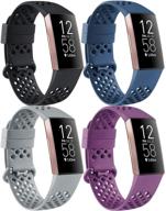 высококачественный набор из 4 спортивных браслетов mugust, совместимых с fitbit charge 4/3 - силиконовые запасные браслеты для женщин и мужчин - дышащие и стильные - черный/темно-синий/слива/серый - размер large. логотип