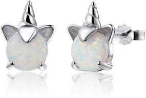 img 1 attached to 🦄 Opal Sterling Silver Unicorn Cat Ear Stud Earrings for Girls - Hypoallergenic Animal Earring