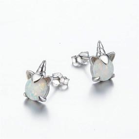 img 2 attached to 🦄 Opal Sterling Silver Unicorn Cat Ear Stud Earrings for Girls - Hypoallergenic Animal Earring