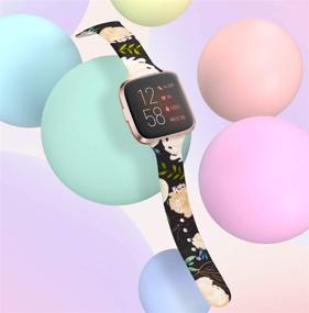 img 1 attached to 🌸 Stylish Slim Bands for Fitbit Versa 2 Women: Thin Pattern Flowers Leopard Silicone Wristband in Black/Yellow Flower (Large)
