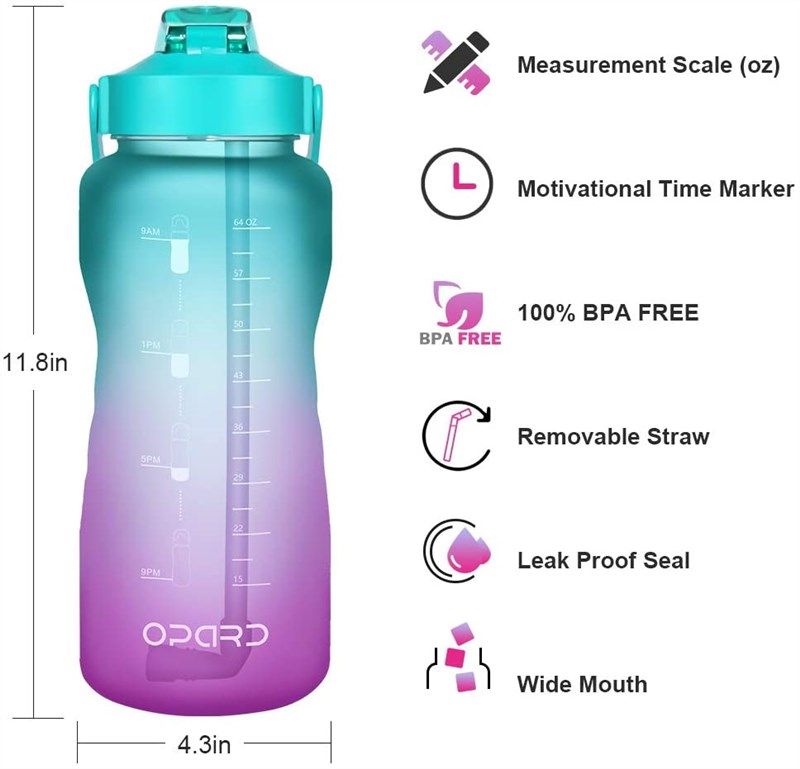  Opard Half gallon Water Bottle with Time Marker, 64oz  Motivational Water Jug Large Sports Water Bottle with Straw Handle BPA Free  for Gym Fitness (Blue) : Sports & Outdoors