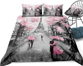 img 3 attached to 🗼 Eiffel Tower Bedding French Style Duvet Cover Set - Sweet Couple Paris Tower Pink Flowers Print - Pink Bedding Sets for Boys and Girls - Queen Size - Includes 1 Duvet Cover and 2 Pillowcases (Queen, Paris Tower 3)