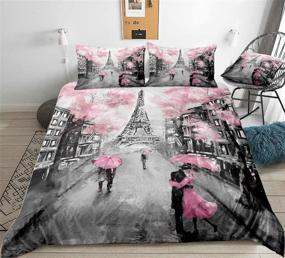 img 4 attached to 🗼 Eiffel Tower Bedding French Style Duvet Cover Set - Sweet Couple Paris Tower Pink Flowers Print - Pink Bedding Sets for Boys and Girls - Queen Size - Includes 1 Duvet Cover and 2 Pillowcases (Queen, Paris Tower 3)