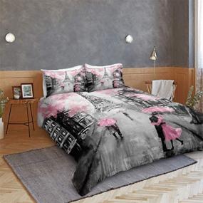 img 1 attached to 🗼 Eiffel Tower Bedding French Style Duvet Cover Set - Sweet Couple Paris Tower Pink Flowers Print - Pink Bedding Sets for Boys and Girls - Queen Size - Includes 1 Duvet Cover and 2 Pillowcases (Queen, Paris Tower 3)