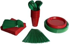 img 4 attached to 🎄 350-Piece Combo Christmas Themed Green & Red Disposable Party Plastic Plates and Cutlery Set - Includes 50 Dinner Plates, 50 Dessert Plates, 50 Cups, 50 Napkins, 50 Forks, 50 Spoons, and 50 Knives