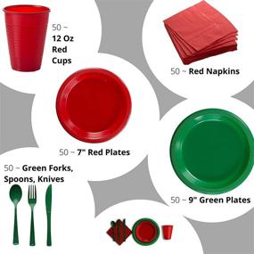 img 1 attached to 🎄 350-Piece Combo Christmas Themed Green & Red Disposable Party Plastic Plates and Cutlery Set - Includes 50 Dinner Plates, 50 Dessert Plates, 50 Cups, 50 Napkins, 50 Forks, 50 Spoons, and 50 Knives