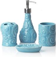 comfify designer - 4 piece ocean waves bathroom accessories set - soap or lotion dispenser, 🌊 toothbrush holder, tumbler, and soap dish - glossy porcelain finish - aqua blue color - holds 15.6oz logo