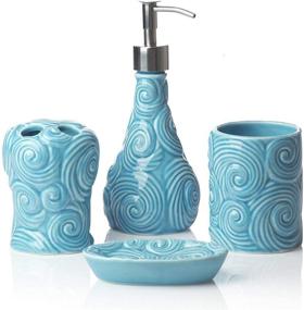 img 4 attached to Comfify Designer - 4 Piece Ocean Waves Bathroom Accessories Set - Soap or Lotion Dispenser, 🌊 Toothbrush Holder, Tumbler, and Soap Dish - Glossy Porcelain Finish - Aqua Blue Color - Holds 15.6oz
