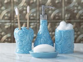 img 3 attached to Comfify Designer - 4 Piece Ocean Waves Bathroom Accessories Set - Soap or Lotion Dispenser, 🌊 Toothbrush Holder, Tumbler, and Soap Dish - Glossy Porcelain Finish - Aqua Blue Color - Holds 15.6oz