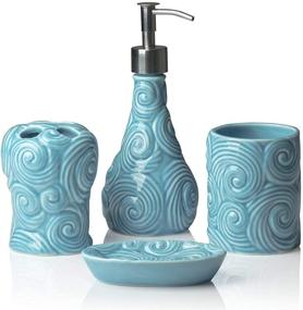 img 1 attached to Comfify Designer - 4 Piece Ocean Waves Bathroom Accessories Set - Soap or Lotion Dispenser, 🌊 Toothbrush Holder, Tumbler, and Soap Dish - Glossy Porcelain Finish - Aqua Blue Color - Holds 15.6oz