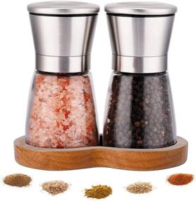 img 4 attached to LessMo Salt and Pepper Grinder Set with Wooden Tray - Stainless Steel Shakers for Adjustable Coarseness - Refillable Spice Mill for Peppercorn, Sea Salt & More